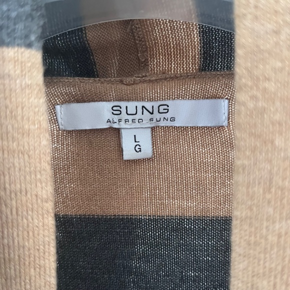 Long Grey Tan Striped Viscose Cardigan with No Fastener - Picture 4 of 9